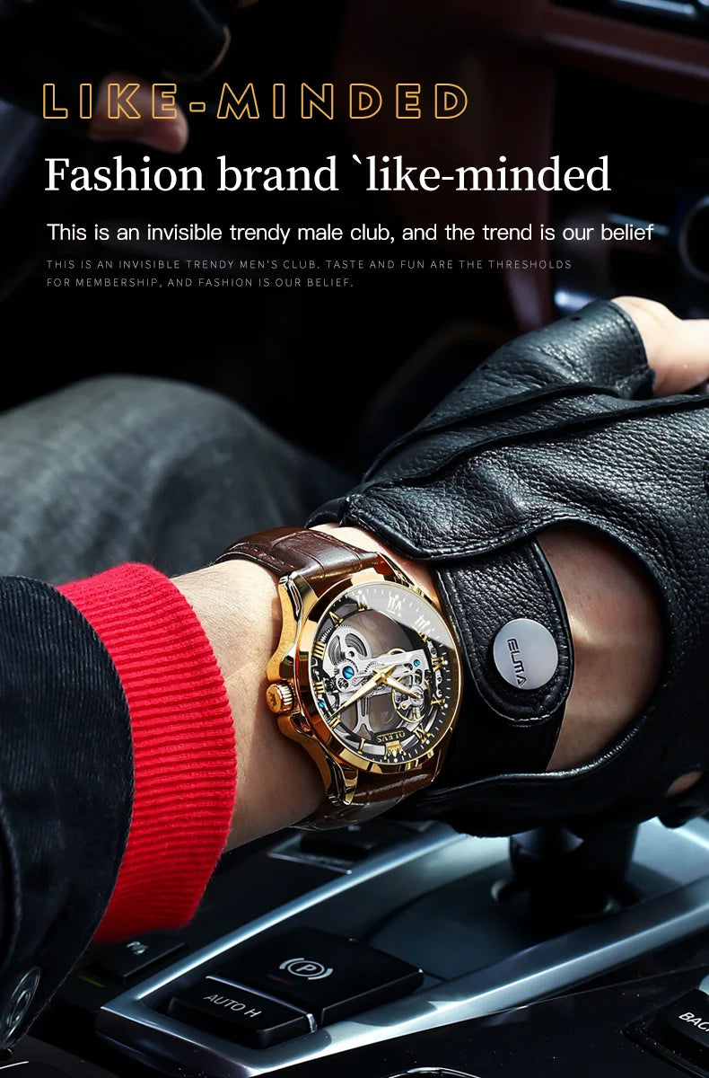 Automatic Skeleton Mechanical Watch – Leather Strap for Luxury Mens Formal Wear