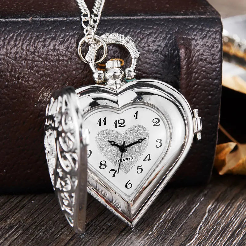 Silver Heart Pocket Watch Necklace – Exquisite Quartz Pendant for Women
