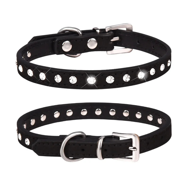 Rhinestone Leather Dog Collar – Adjustable Pet Accessory for Small and Medium Pets