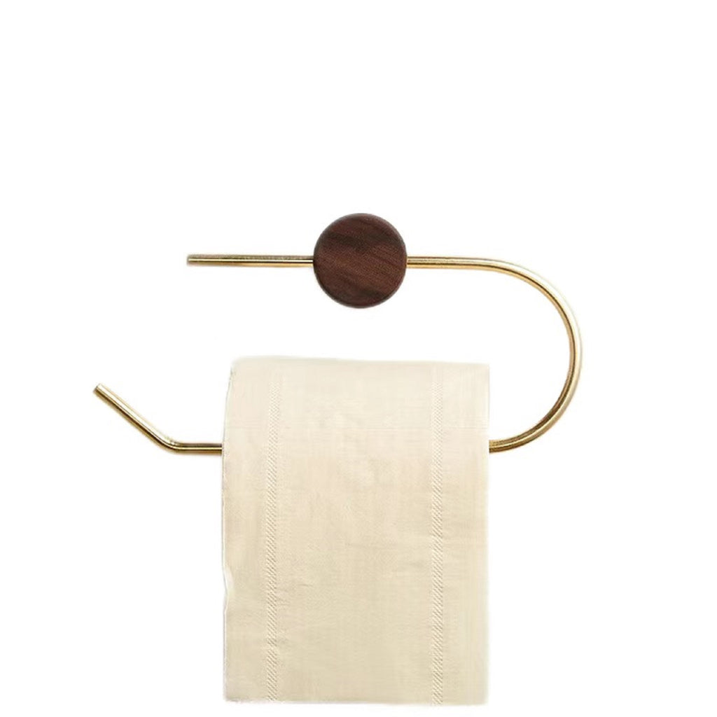 Self-Adhesive Brass Toilet Paper Holder – Wall Mounted Wood Tissue Rack for Bathroom