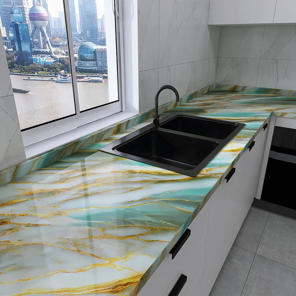 Marble Adhesive Wallpaper – Oil-Proof Film for Kitchen Countertop Renovation