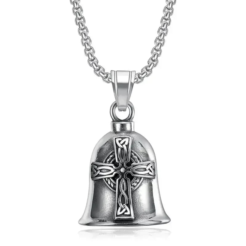 Vintage Jesus Cross Bell Pendant – Religious Biker Necklace for Men