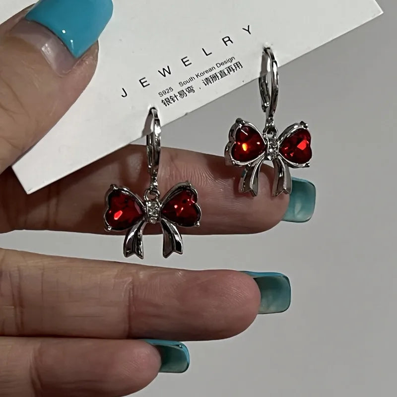Wine Red Bow Dangle Earrings – Enamel Crystal Drop Jewelry for Women