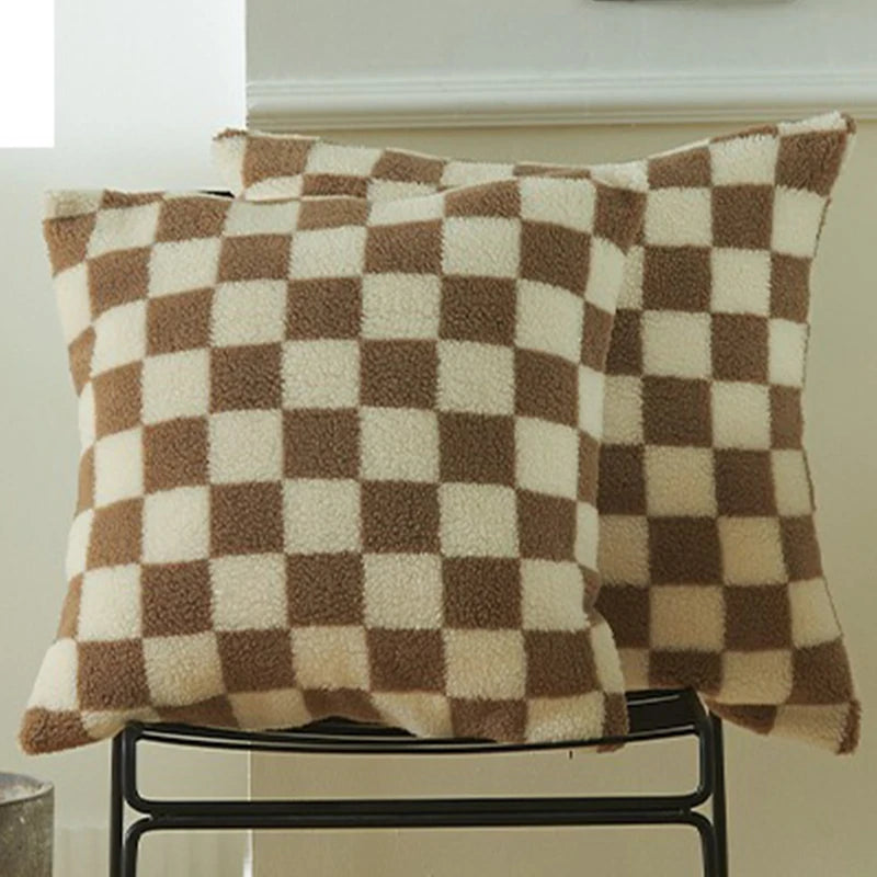 Black Faux Fur Throw Pillow Cover – Checked Wool Cushion for Sofa Decor