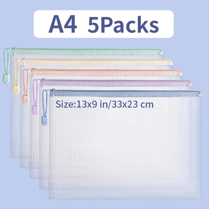 Clear Mesh Zipper Pouches – Waterproof A4/A5 Plastic Bags for Office Storage