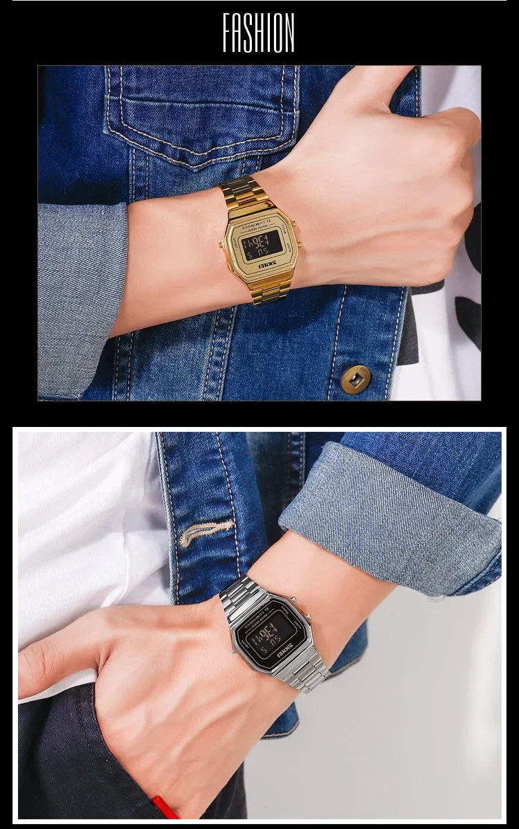 Retro LED Digital Watch – Stainless Steel Wristwatch for Men