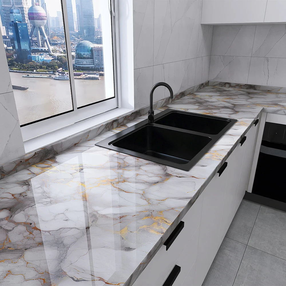 Marble Adhesive Wallpaper – Oil-Proof Film for Kitchen Countertop Renovation