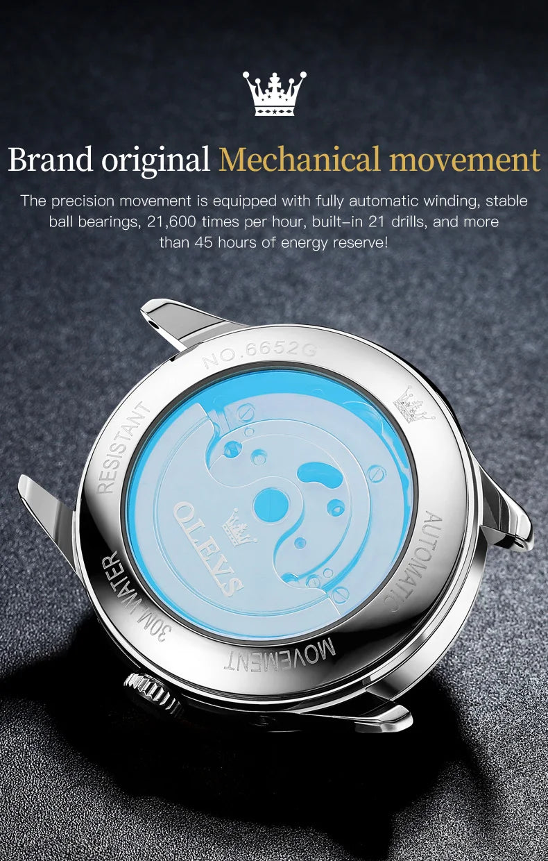 OLEVS Automatic Mechanical Watch – Leather Strap Flywheel for Business Casual