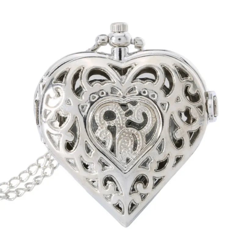 Silver Heart Pocket Watch Necklace – Exquisite Quartz Pendant for Women