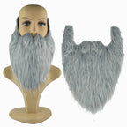 Gray fake beard wig on mannequin head and displayed separately, costume accessory