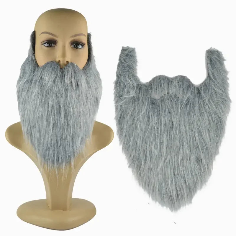 Gray fake beard wig on mannequin head and displayed separately, costume accessory