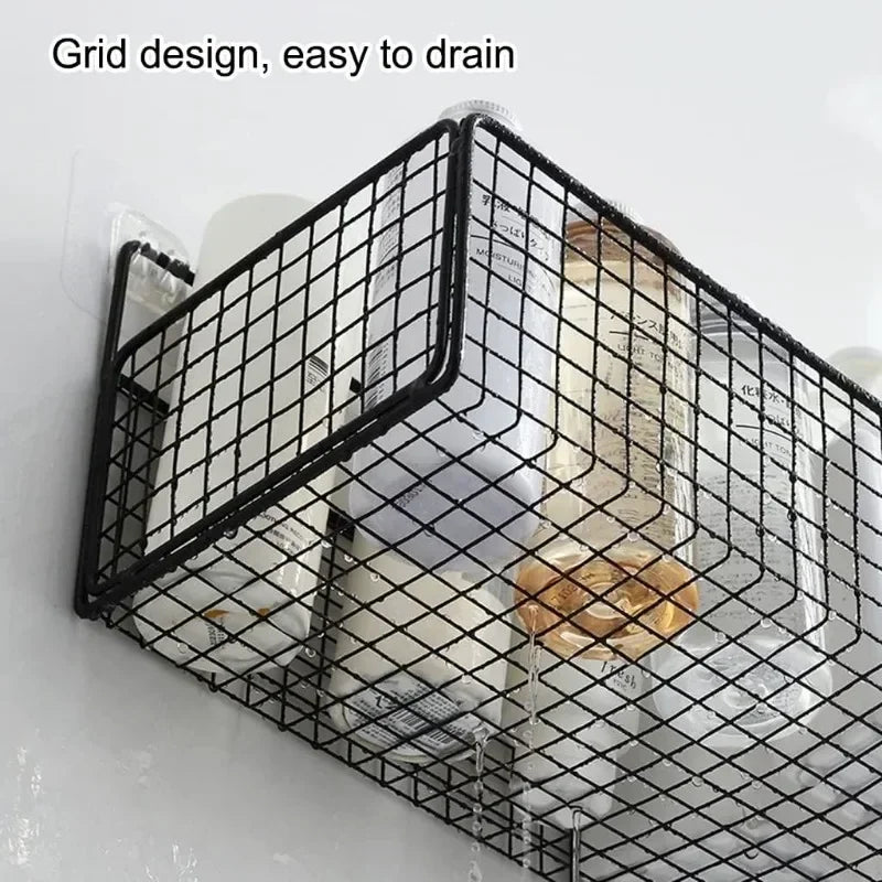 Bilayer Grid Wall Shelf – Adhesive Bathroom Organizer for Shower Storage