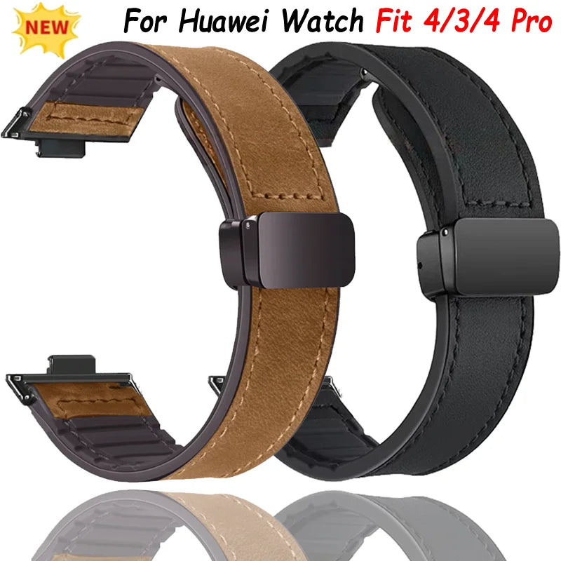 Leather Silicone Hybrid Strap – Breathable Magnetic Band for Huawei Watch Fit
