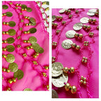 Pink fabric with gold coins and bead trim, decorative home or costume accessory