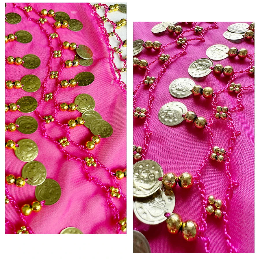 Pink fabric with gold coins and bead trim, decorative home or costume accessory