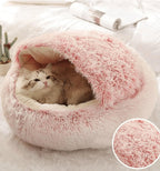 Plush Round Pet Bed – Warm 2-in-1 Cave Mattress for Small Cats and Dogs