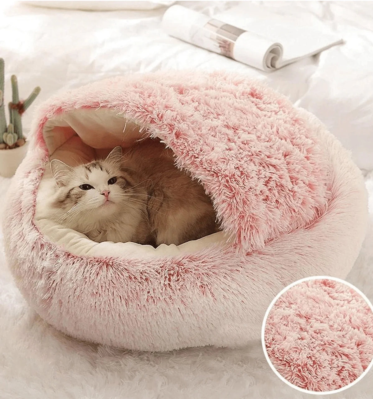 Plush Round Pet Bed – Warm 2-in-1 Cave Mattress for Small Cats and Dogs