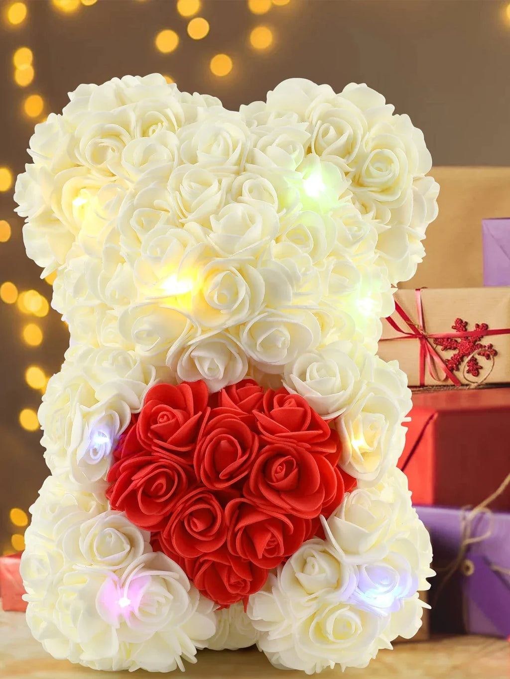 Artificial Rose Teddy Bear – 25cm Flower Figurine for Anniversary Gifts
