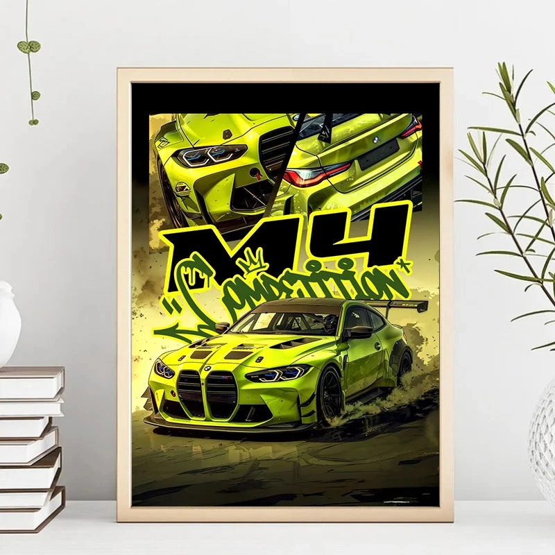 Abstract JDM Sports Car Canvas Wall Art – Blue Miata Supra E36 Print for Home Decor
