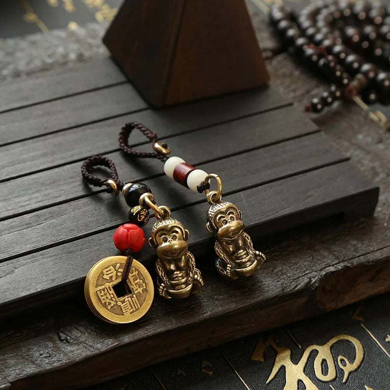 Brass Monkey Key Ring – Feng Shui Lucky Coin Charm for Car Keychain Decor