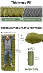Inflatable Sleeping Pad – Built-in Pillow for Camping Hiking and Travel