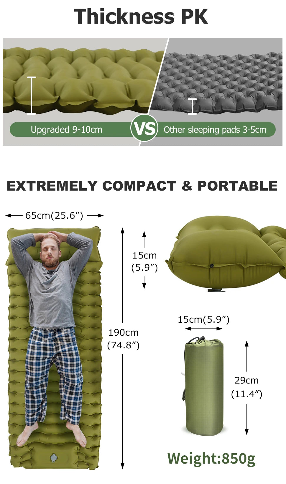 Inflatable Sleeping Pad – Built-in Pillow for Camping Hiking and Travel