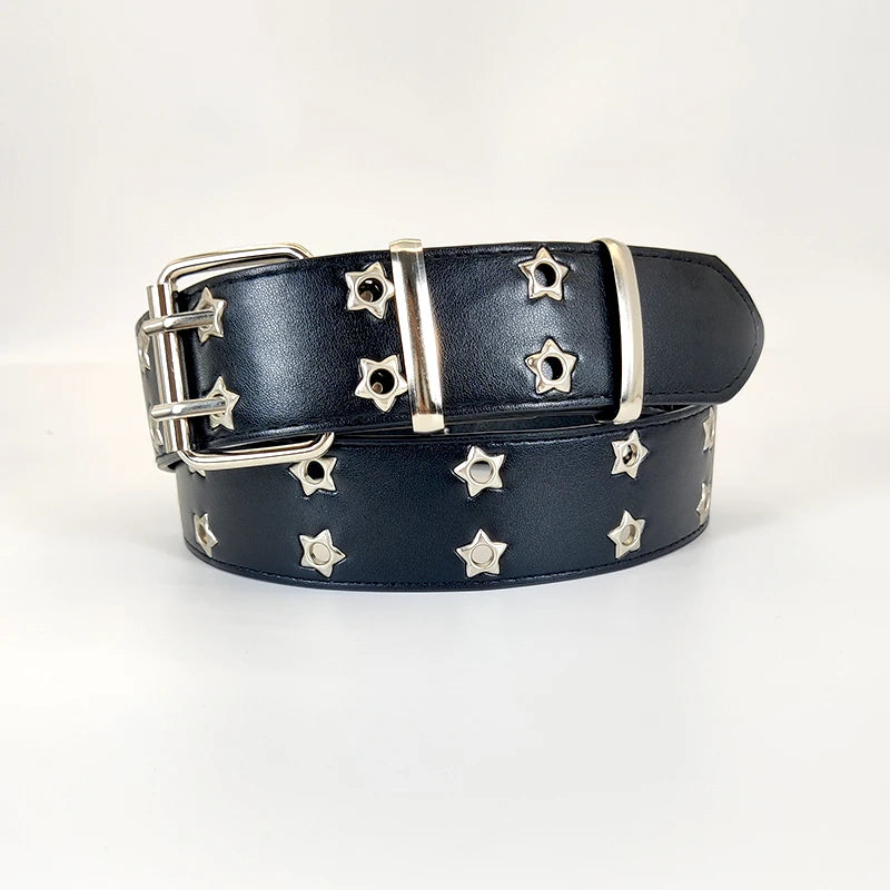 Double Hole Leather Belt – Large Size Y2K Punk Waistband for Men and Women