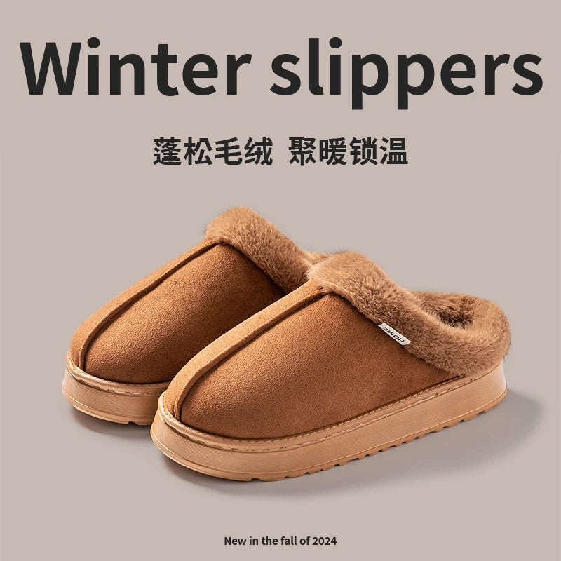 Fluffy Fur-Lined Slippers – Anti-Slip Thick Sole Winter Shoes for Indoor Home Use