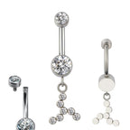 Silver belly button ring with clear crystals and detachable sparkling A-shaped pendant