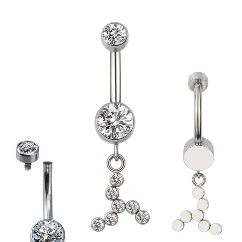 Silver belly button ring with clear crystals and detachable sparkling A-shaped pendant
