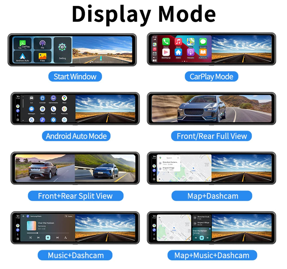12-Inch 4K Mirror Dash Cam – Wireless CarPlay Android Auto for Car Navigation