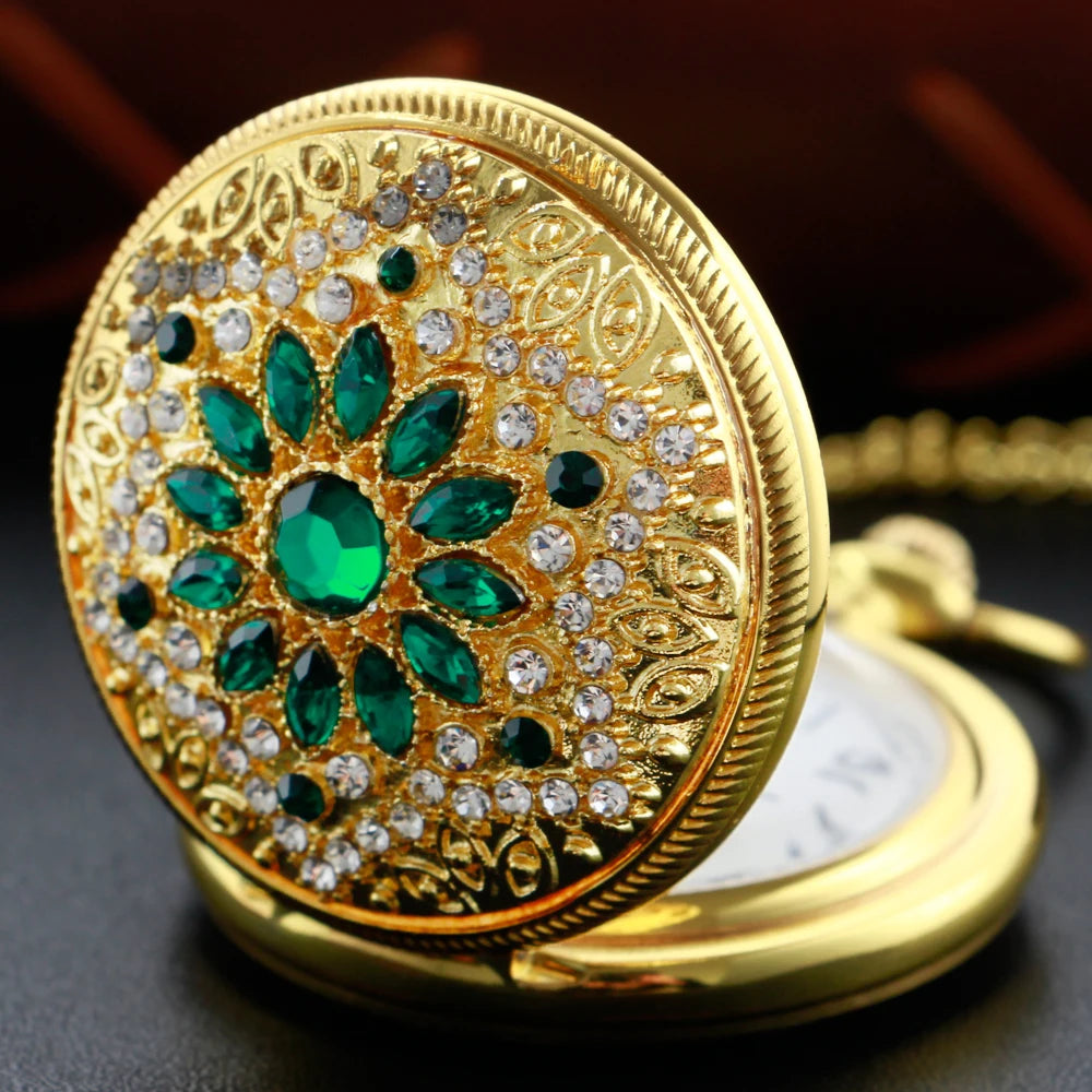 Emerald Diamond Pocket Watch Necklace – Luxury Gold Pendant for Gift