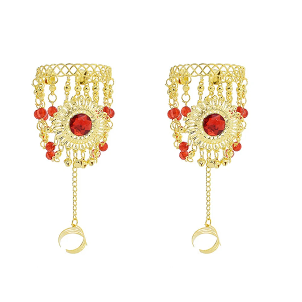 Gold finger rings with red gemstone, floral design, dangling red beads