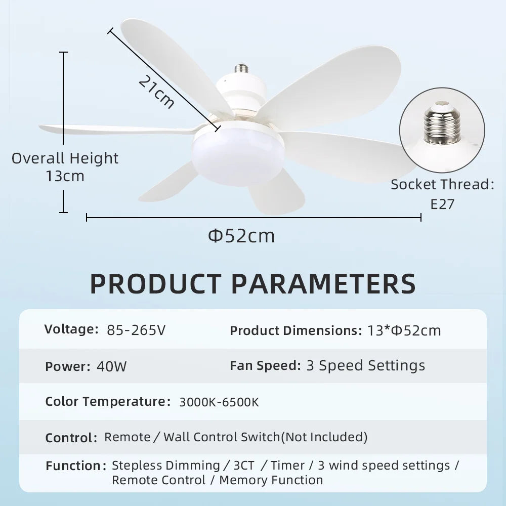 Silent Ceiling Fan Light – Remote Controlled E27 Lamp for Bedroom Living Room