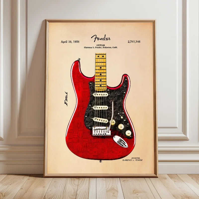 Vintage Electric Guitar Blueprint – Canvas Wall Art for Music Studio Decor