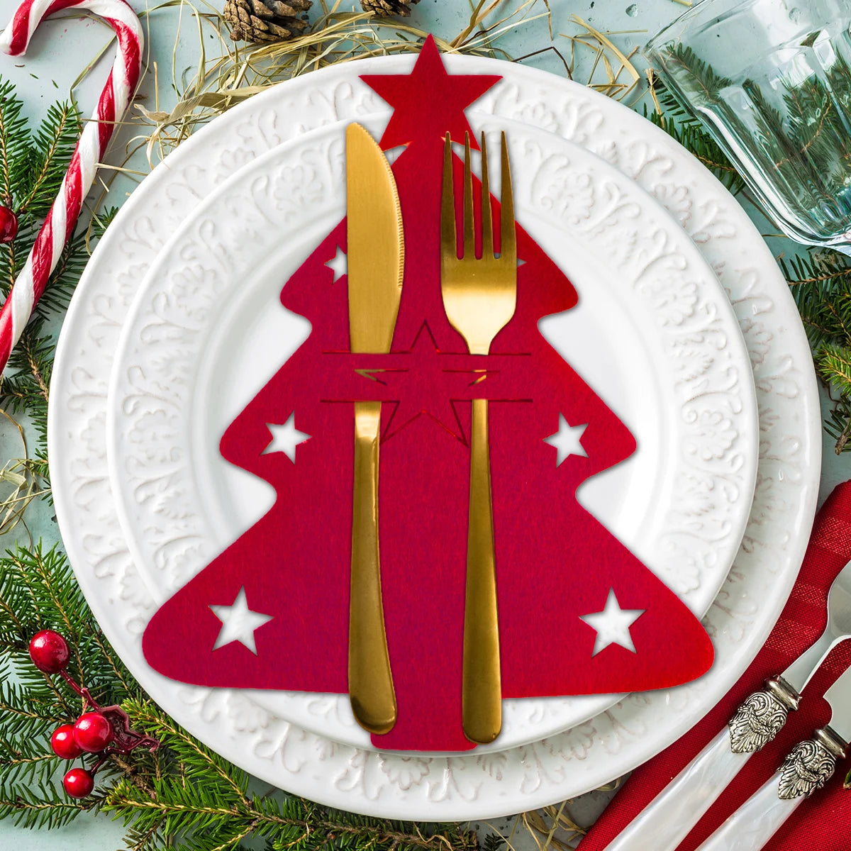 Christmas Tree Cutlery Holders – Festive Felt Tableware Decor for Holiday Dining