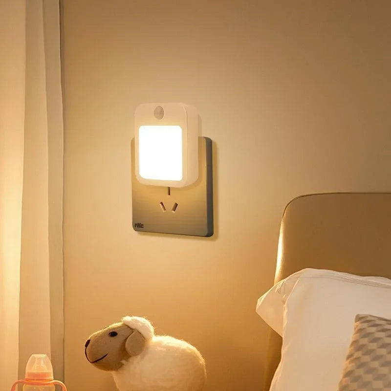 Motion Sensor LED Night Light – Dimmable EU Plug for Bedroom and Corridor