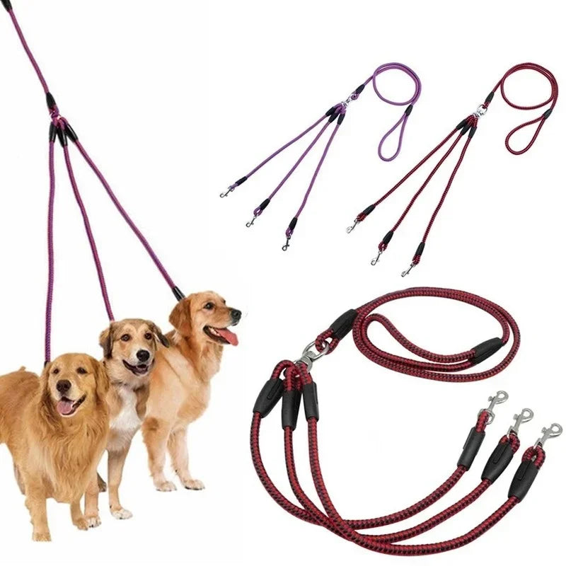 Adjustable Nylon Triple Dog Leash – No-Tangle 3 Way Lead for Walking Pets