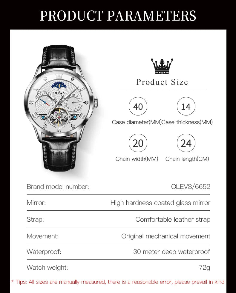 OLEVS Automatic Mechanical Watch – Leather Strap Flywheel for Business Casual