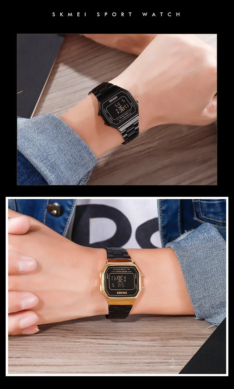 Retro LED Digital Watch – Stainless Steel Wristwatch for Men