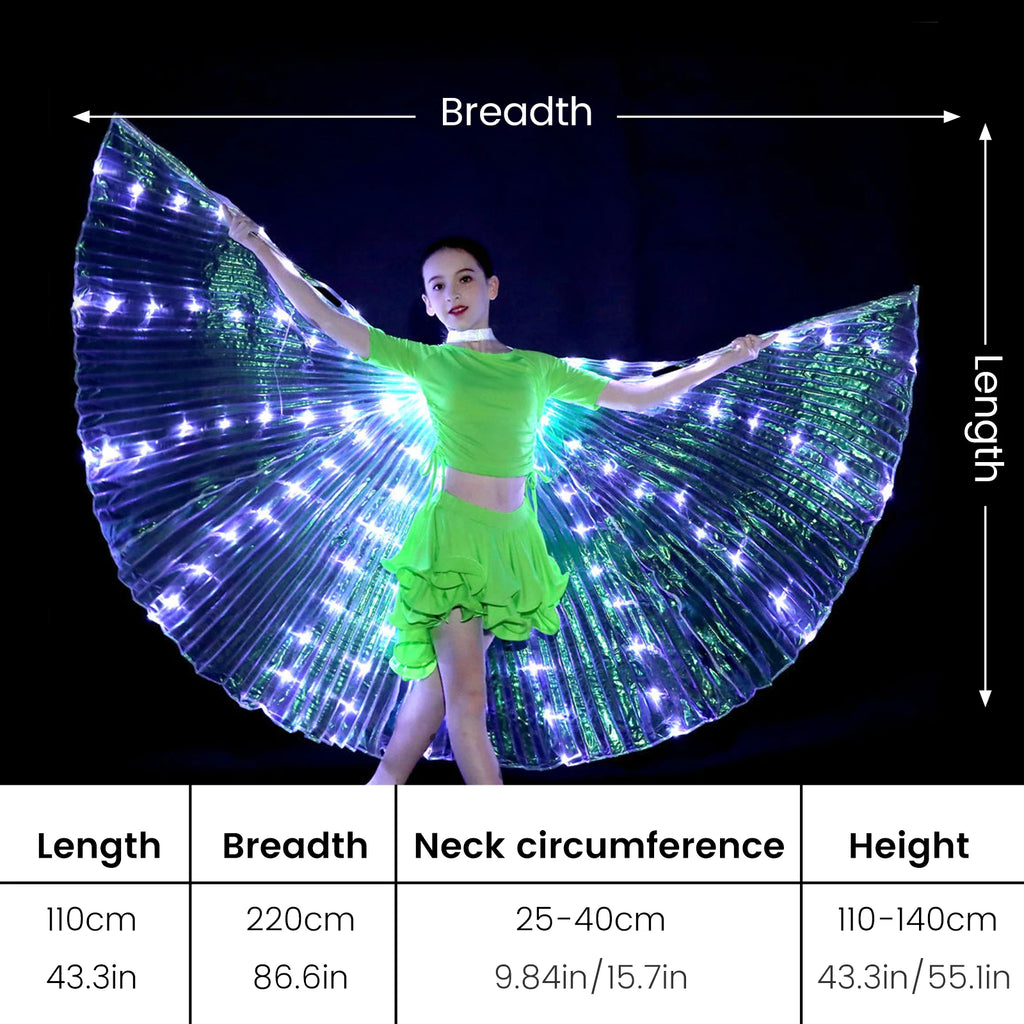 Girl in green dance costume modeling LED light up wings, size chart with measurements displayed.