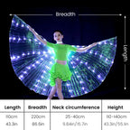 Girl in green dance costume modeling LED light up wings, size chart with measurements displayed.