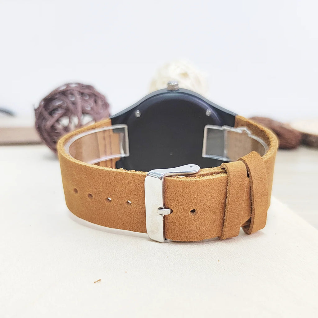 Vintage Wooden Wristwatch – Personalized Leather Strap for Birthday Gift