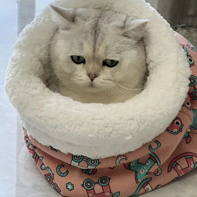 Plush Cat Sleeping Bag – Thickened Fluffy Nest for Winter Pet Comfort