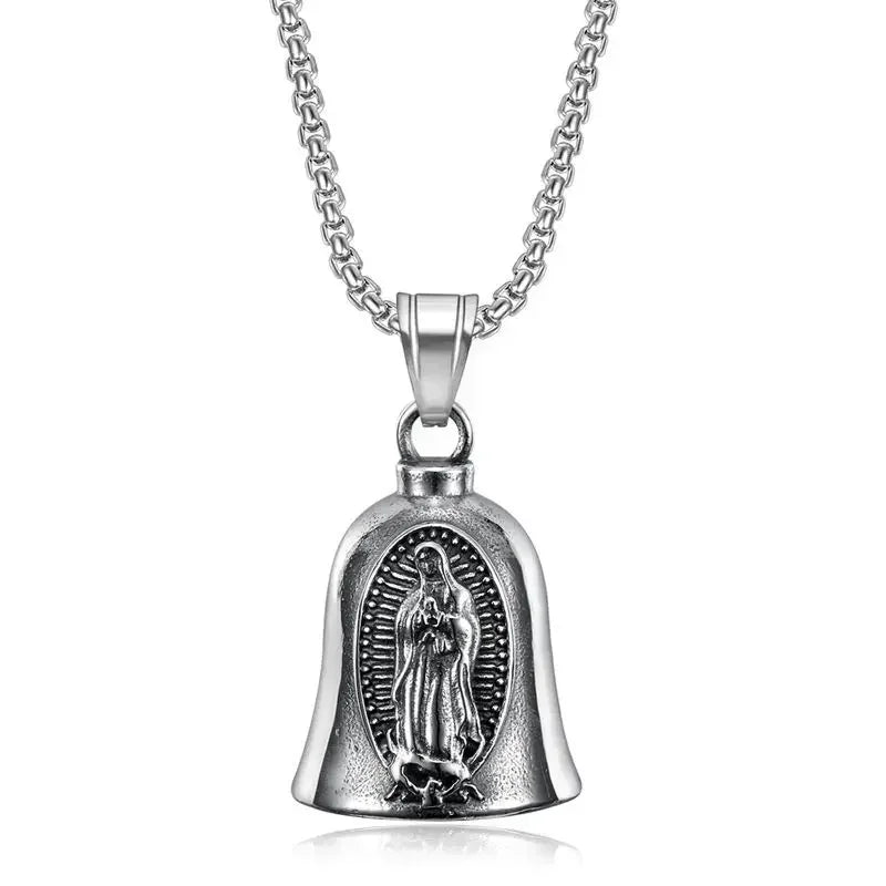 Vintage Jesus Cross Bell Pendant – Religious Biker Necklace for Men