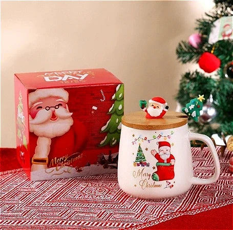 Ceramic Christmas Tree Mug – Festive Coffee Cup with Lid and Spoon for Gifts