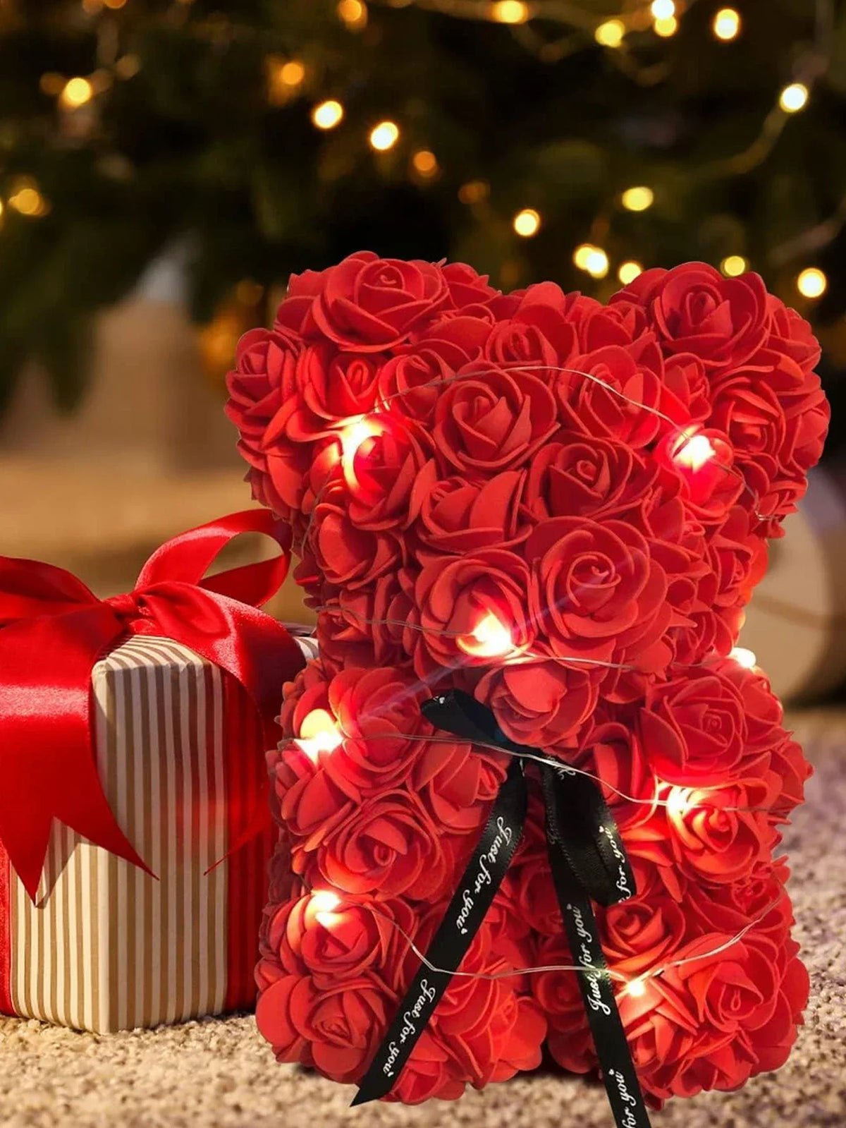 Artificial Rose Teddy Bear – 25cm Flower Figurine for Anniversary Gifts