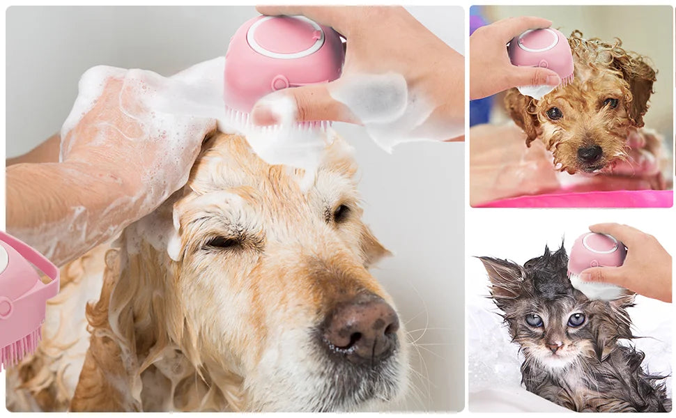 Silicone Pet Grooming Brush – Shampoo Dispenser for Dogs and Cats Bathing