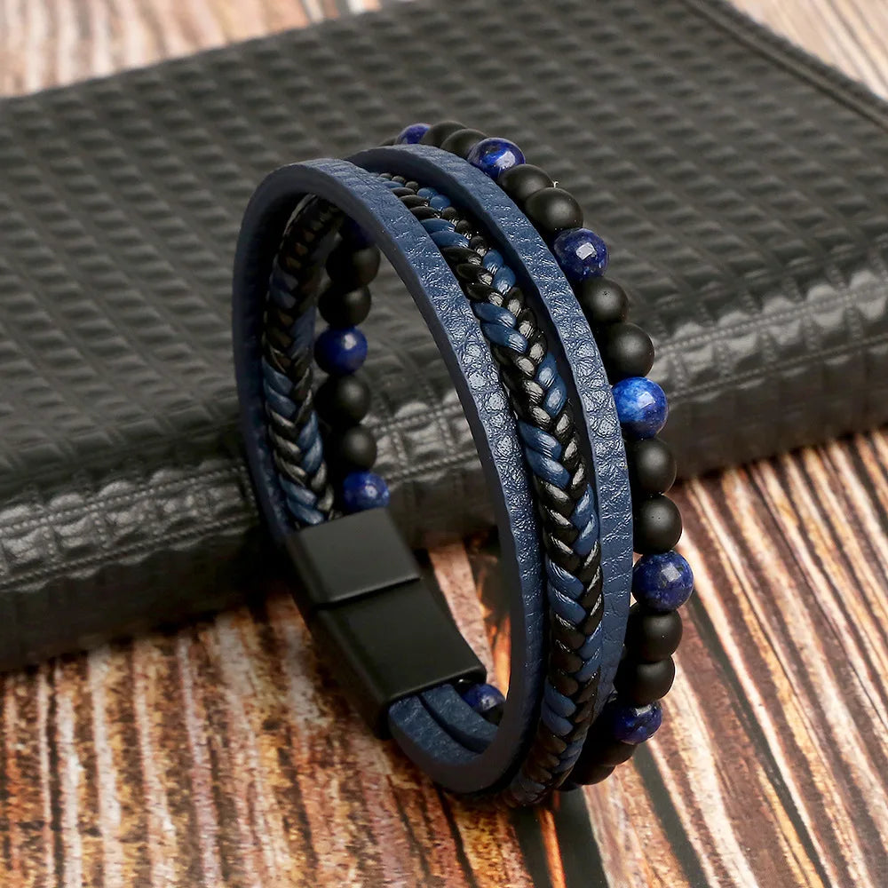Tiger Eye Leather Bracelet – Multi-Layer Beaded Jewelry for Men