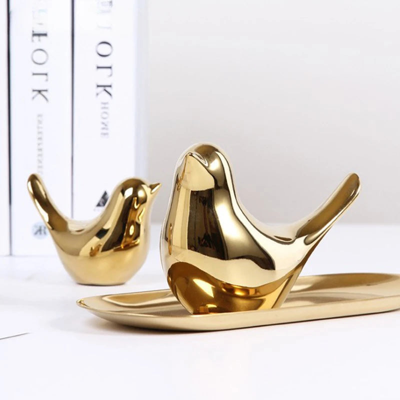 Nordic Gold Ceramic Bird Statue – Modern Animal Sculpture for Home Decor